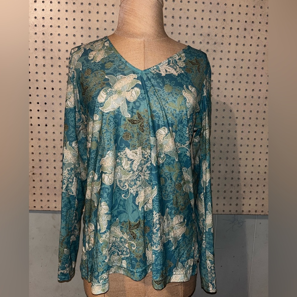 Elegant Teal Floral Long Sleeve Women's Top